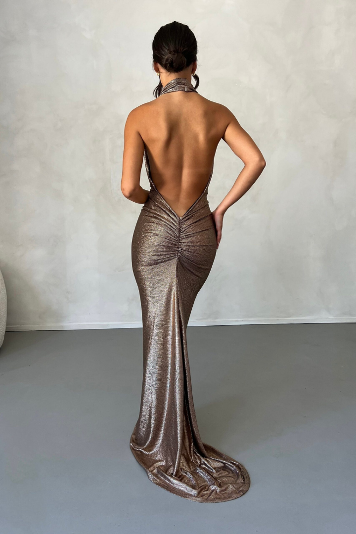 ISABELLA HALTER MAXI DRESS - BRONZE GOLD 