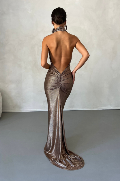 ISABELLA HALTER MAXI DRESS - BRONZE GOLD 
