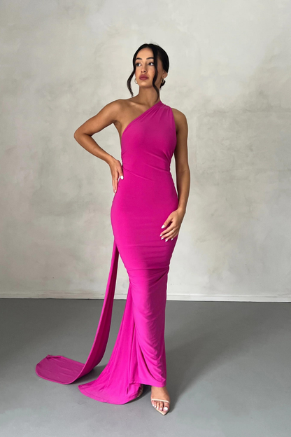 ESMERALDA OBLIQUE SHOULDER MAXI DRESS - ROSE - Red - M