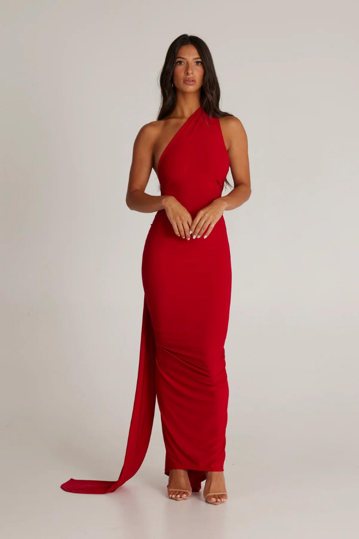 ESMERALDA OBLIQUE SHOULDER MAXI DRESS - ROSE - Red - M