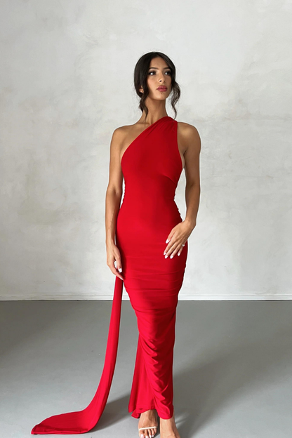ESMERALDA OBLIQUE SHOULDER MAXI DRESS - ROSE - Red - M