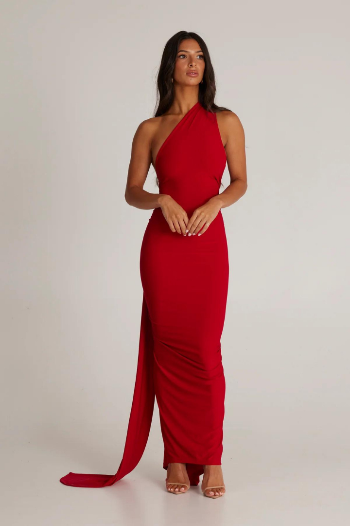 ESMERALDA OBLIQUE SHOULDER MAXI DRESS - ROSE - Red - M
