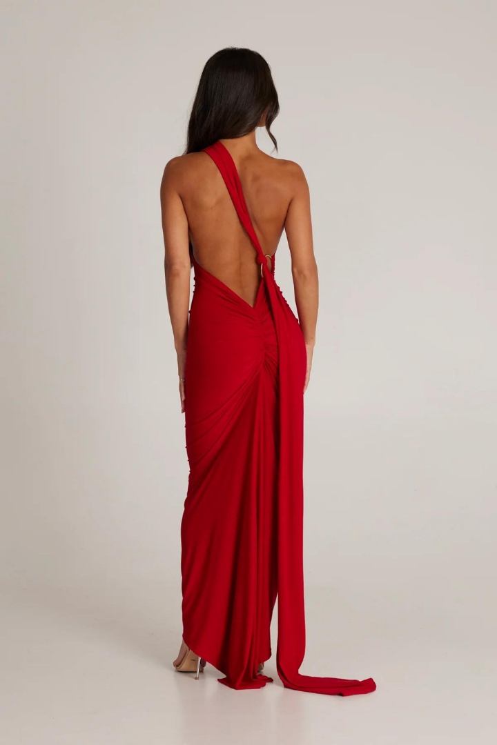 ESMERALDA OBLIQUE SHOULDER MAXI DRESS - ROSE - Red - M