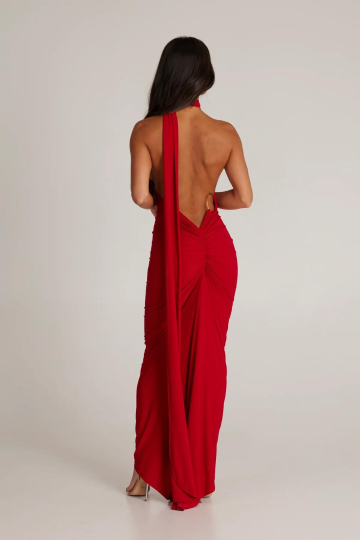 ESMERALDA OBLIQUE SHOULDER MAXI DRESS - ROSE - Red - M