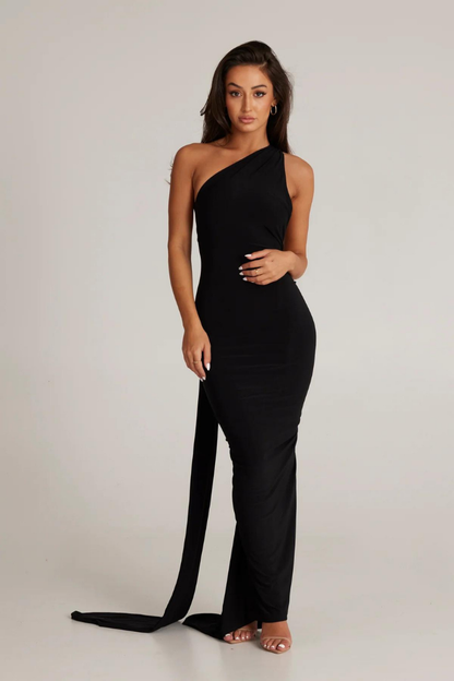 ESMERALDA OBLIQUE SHOULDER MAXI DRESS - ROSE - Red - M