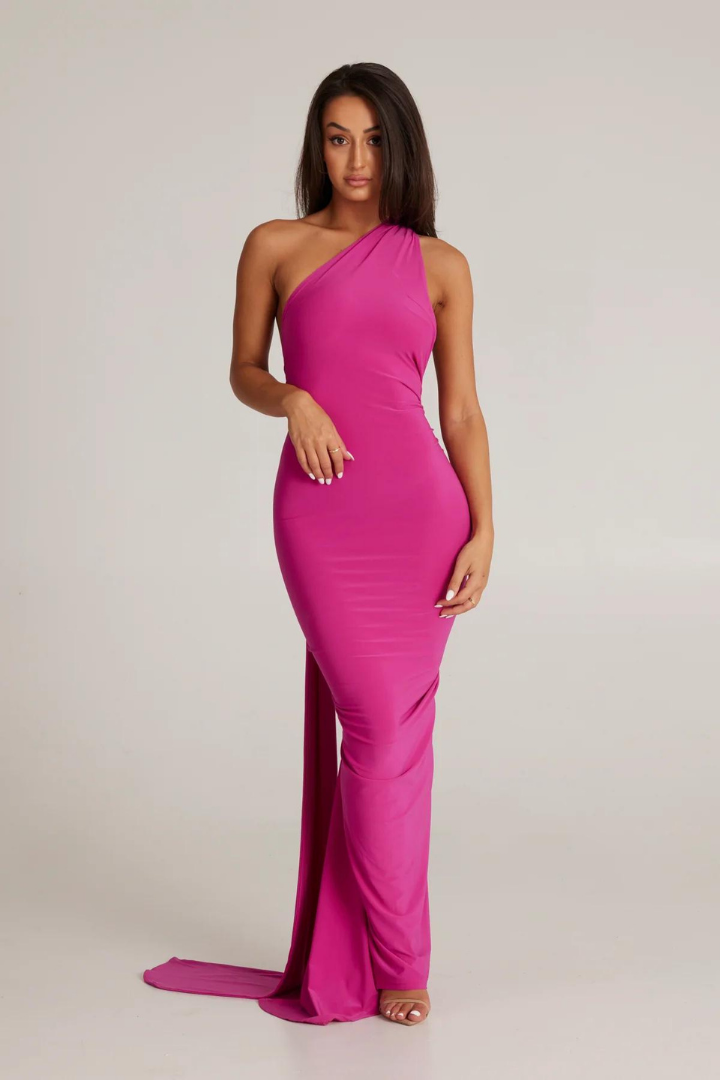 ESMERALDA OBLIQUE SHOULDER MAXI DRESS - ROSE - Red - M