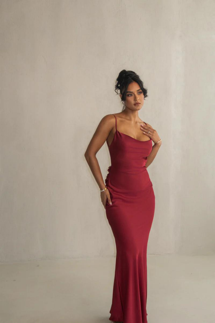 RUBY MAXI LONG DRESS-RED - Wine Red - S