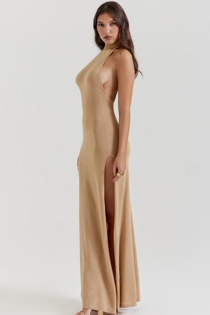 YURA HALTER MAXI DRESS - GOLD KNIT