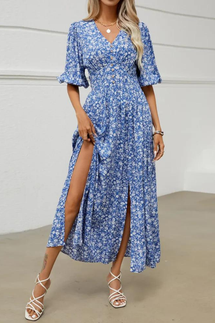 LORETTA PUFF SLEEVE MAXI DRESS - BLUE