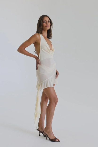 REINA HALTER MINI DRESS-VANILLA - Apricot - M