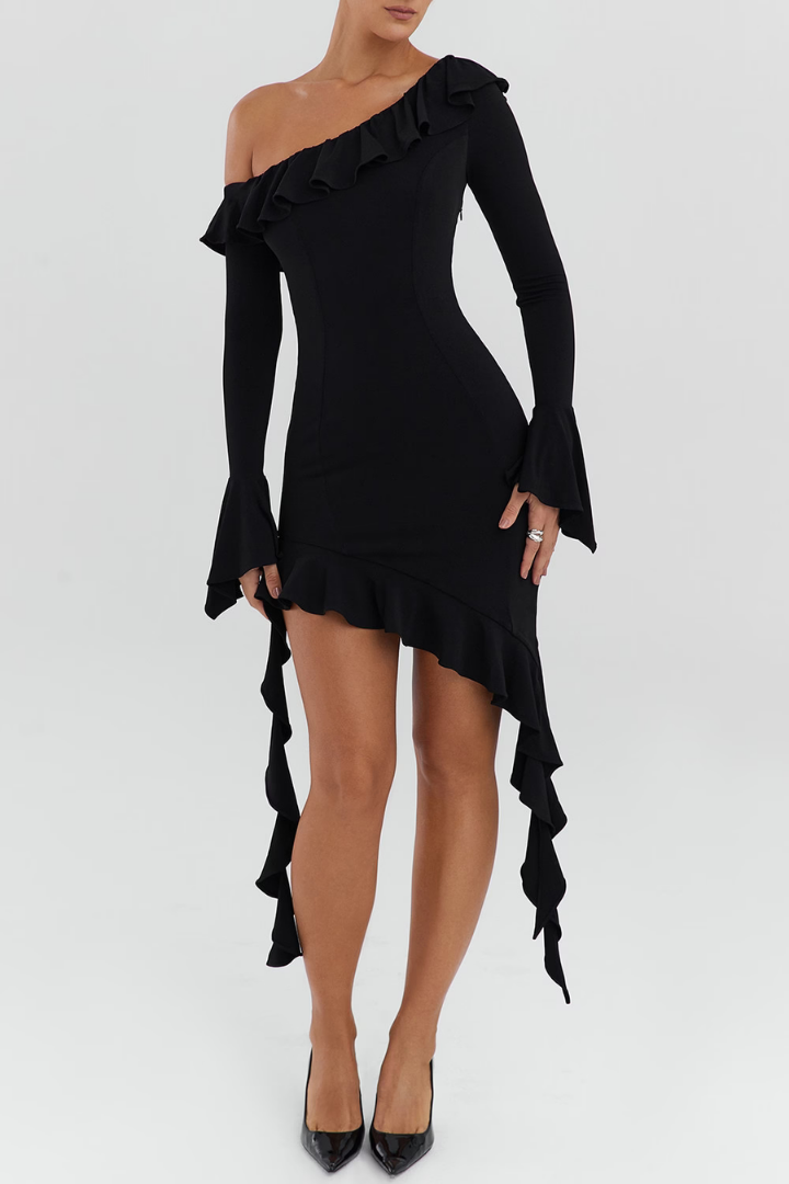 MATILDA RUFFLED MINI DRESS - BLACK