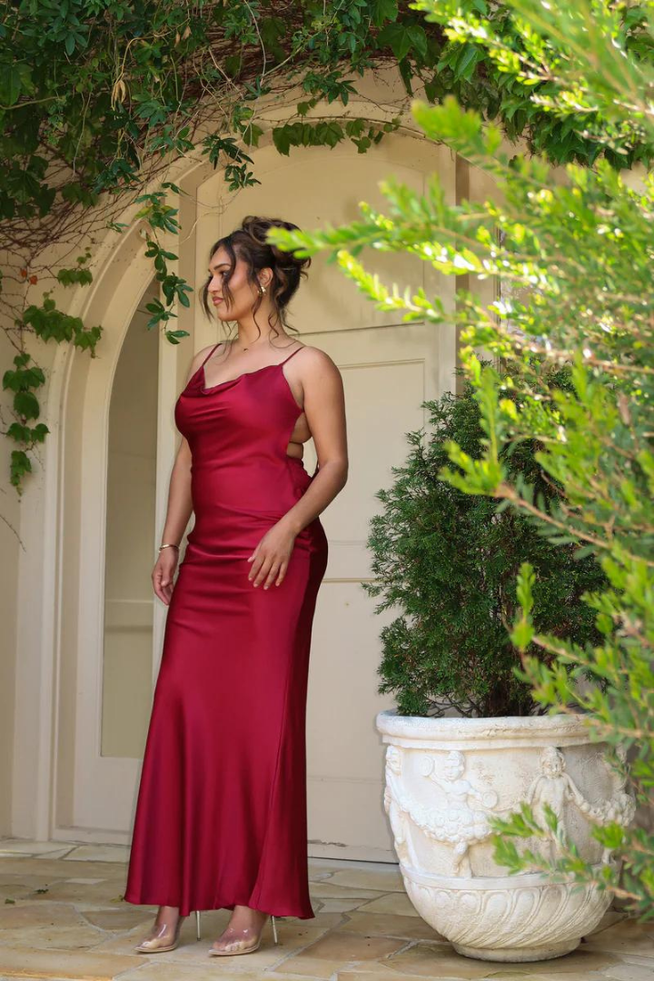 RUBY MAXI LONG DRESS-RED - Wine Red - S