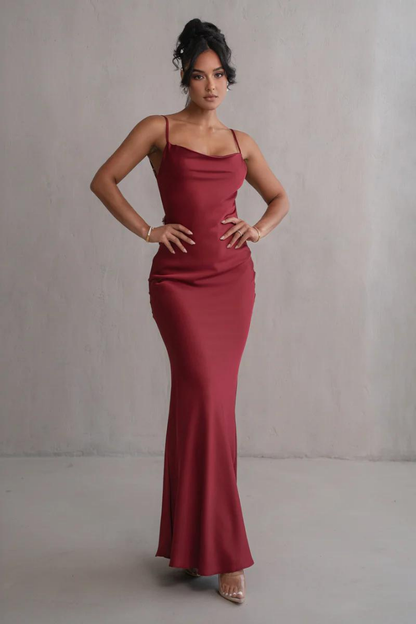 RUBY MAXI LONG DRESS-RED - Wine Red - S